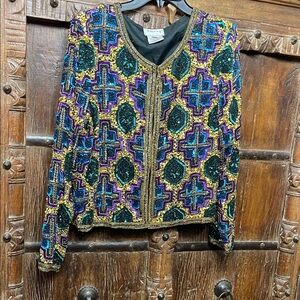Vintage Stenay Silk Beaded Cardigan Jacket | XL | 80s–90s Sequin Mardi Gras
